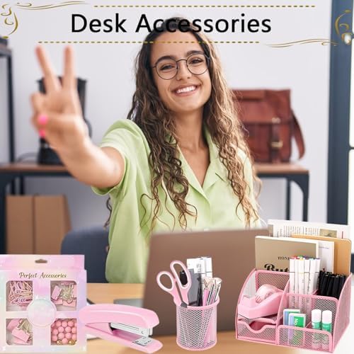 Office Supplies,Desk Accessories,Stapler and Tape Dispenser Set,1000 Staples,Staple Remover,Pen Holder,Folding Phone Holder,Journal Notebook,Ballpoint Pen,Scissor,Ruler,Clear Tape,Sticky Notes,Ect