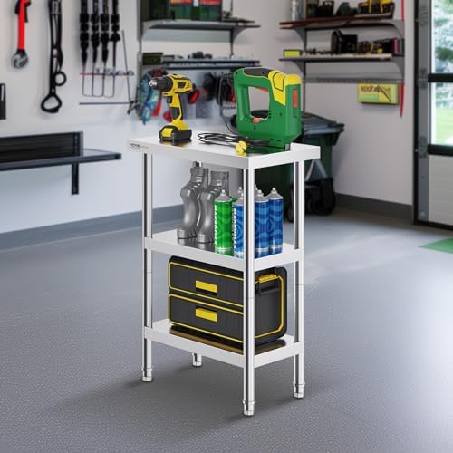 VEVOR Stainless Steel Food Prep Table, 14 x 24 x 34 Inch Commercial Food Prep Worktable Heavy Duty Prep Worktable, Metal Work Table with Adjustable Height for BBQ, Kitchen, Home, and Garage