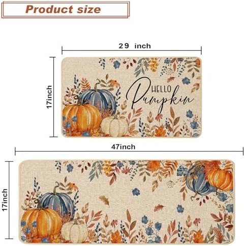 Baccessor Fall Kitchen Rugs Set of 2, Blue Pumpkin Floral Kitchen Mats for Floor Washable Low-Profile Farmhouse Autumn Holiday Home Indoor Outdoor Decor 17x29 and 17x47 Inch