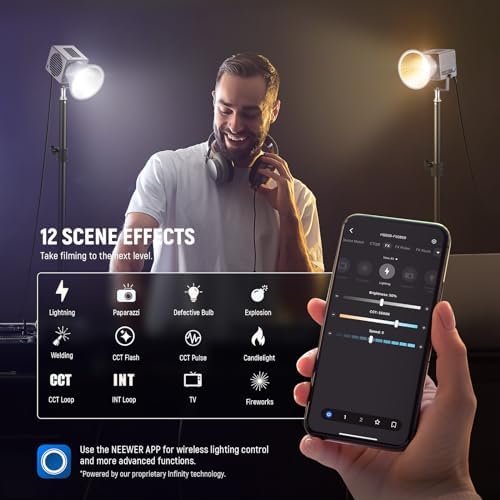 NEEWER HS60B Mini Video Light with App Control, 60W Handheld Portable Bi Color COB LED Continuous Output Lighting with 35000lux/1m 2700-6500K 0-100% PWM Dimming CRI/TLCI 97+ 12 Scenes USB Type C