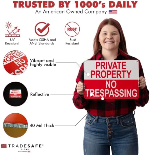 TRADESAFE Private Property No Trespassing Sign, Quick Install Aluminum Safety Sign, Light Reflective, UV-Resistant, Waterproof, 14” X 10” No Trespassing Signs Private Property