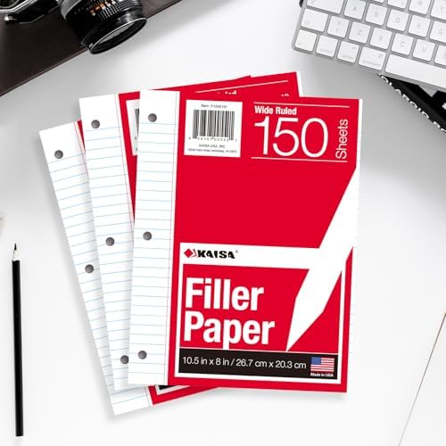 Kaisa Notebook Paper USA-Made Loose Leaf Paper, 24 Pack 3600 Sheets 8"x10.5" Wide Ruled - 3-Hole Punched Bulk Filler Paper for 3-Ring Binder, 150 Sheets/Pack, Wholesale Available(24Pack-Wide)