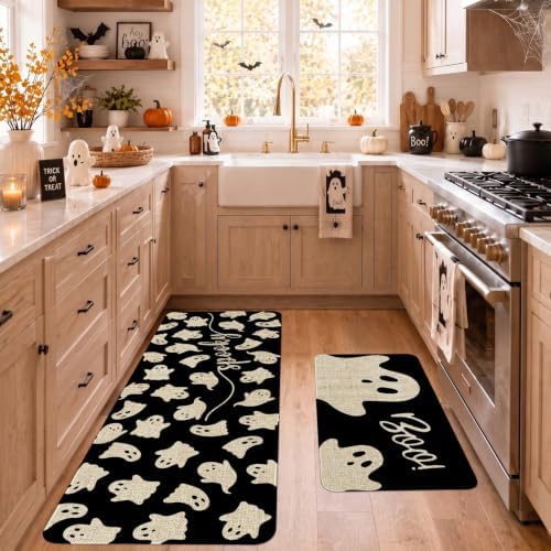 Halloween Ghost Kitchen Mat Decor, Black Halloween Kitchen Rugs Set of 2