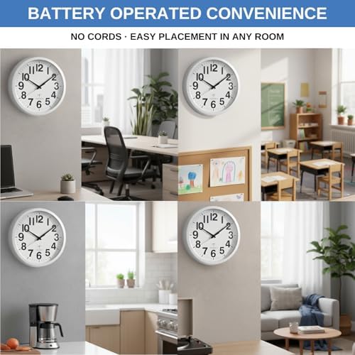 Wall Clock – 12" Atomic Analog Wall Clock with Large Numbers | Battery Operated, Radio Controlled with Automatic Daylight Saving Time | Silver Trim