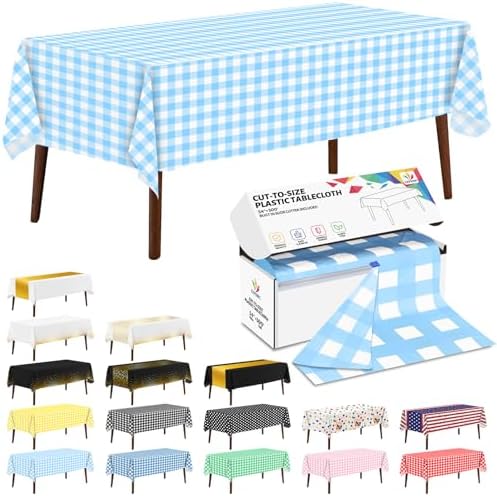 CXPSINC 54 Inch X 300 Feet Plastic Table Cover Roll Disposable Tablecloth with Slide Cutter for All Type/Shape Tables | Party, Banquet, Birthdays, Weddings(Light Blue Checkered, 300 Feet)