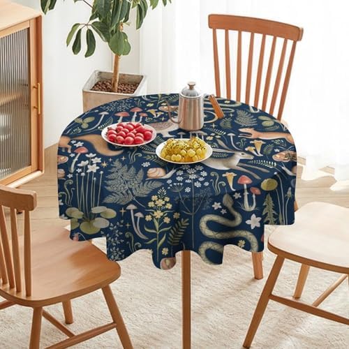 Fairy Forest Tablecloth, Retro Dark Blue Woodland Wildlife Owl Squirrel Print Rustic Flowers Mushrooms Table Cloth for Outdoor Picnic Home Dining Kitchen Table Decor, 60x60in