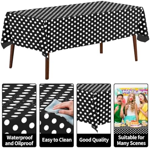 CXPSINC 54 Inch X 100 Feet Plastic Table Cover Roll Disposable Tablecloth with Slide Cutter for All Type/Shape Tables | Party, Banquet, Birthdays, Weddings(Black & White Dot, 100 Feet)
