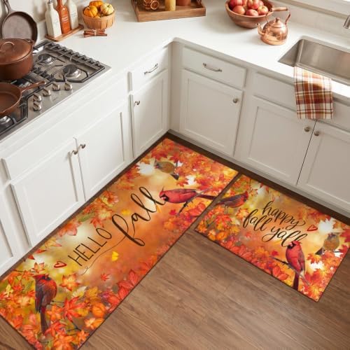 Cardinal Maple Leaves Fall Kitchen Rugs and Mats Set of 2, (17"x47"+17"x30") Thanksgiving Autumn Harvest Farmhouse Non Skid Washable Runner Rug for Home Decor Decorations and Accessories