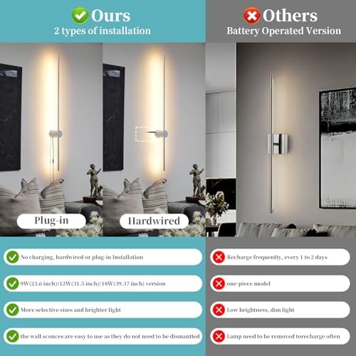 KELUOLY Dimmable Plug in Wall Sconce Set of 2, Chrome 39.37" LED Wall Light with Remote, Adjustable Color Temperature Brightness Wall lamp with Timer for Living Room,Bedroom and Accent Lighting