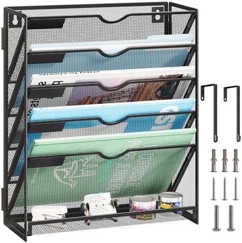 Lavatino 6-Tier Hanging File Organizer, Wall Mount File Holder for Mails Folders Papers Magazine Organization, Vertical Document Organizer for Office Home - Black