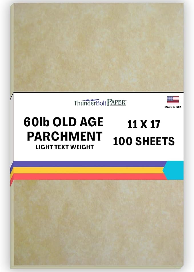 100 Old Age Parchment 60# Text (=24# Bond) Paper Sheets - 11" X 17" (11X17 Inches) Tabloid|Ledger|Booklet Size - 60 Pound is Not Card Weight- Vintage Colored Old Parchment Semblance