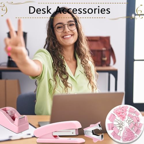 Office Supplies,Pink Desk Accessories, Stapler and Tape Dispenser Set for Women with Stapler,Tape Dispenser,Staple Remover,Staples,Clips,Scissors and Tabs,Gift for Students,Coworkers,Teacher,Business