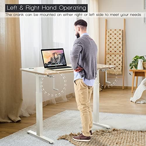 COSTWAY Crank Standing Desk Frame, Manual Hand Crank Workstation Base, Ergonomic Sit to Stand Base w/Foldable Crank Handle, Hook, Cable Management Rack (White)