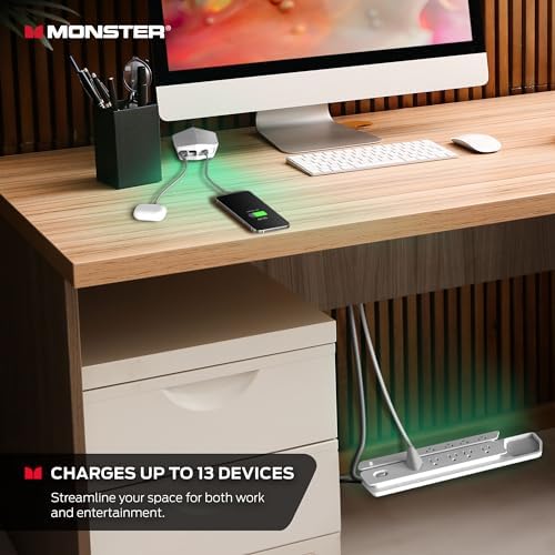 Monster Power Center Vertex XL Surge Protector with Detachable USB Power Strip with 10 AC Outlets, 2 USB-A Ports & 1 USB-C Port (20W)