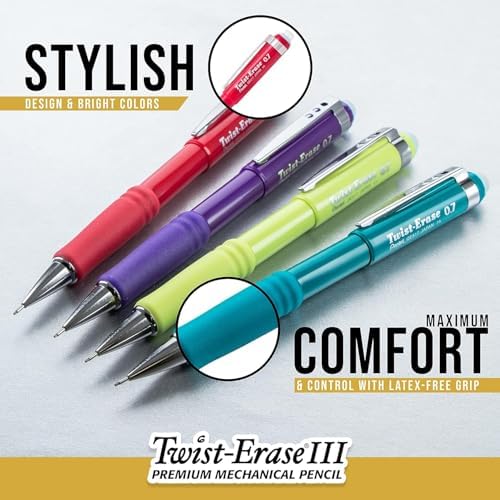 Pentel Twist Erase III Mechanical Pencil 0.7mm - Pre-Loaded Super Hi-Polymer HB Lead - Assorted Color Barrels - Pack of 3 + Lead & Eraser Refills