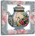 3dRose Wall Clock Silent - 10 inch - Victorian Flower Teapot On Blue Pink Floral Background - Victorian Images