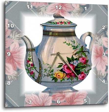3dRose Wall Clock Silent - 10 inch - Victorian Flower Teapot On Blue Pink Floral Background - Victorian Images