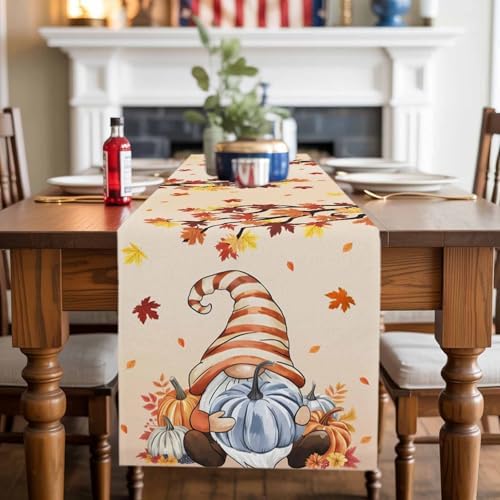 Fall Table Runner Fall Gnome Table Runners Harvest Thanksgiving Maple Leaves Blue Pumpkin Cotton Linen Dresser Scarf Kitchen Dining Table Decor for Autumn Holiday Party Coffee 13x108 Inch