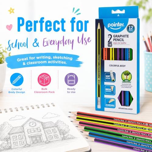 Pointer Classroom Sharpened Pencils - HB Colorful Graphite Wooden 144 Pack