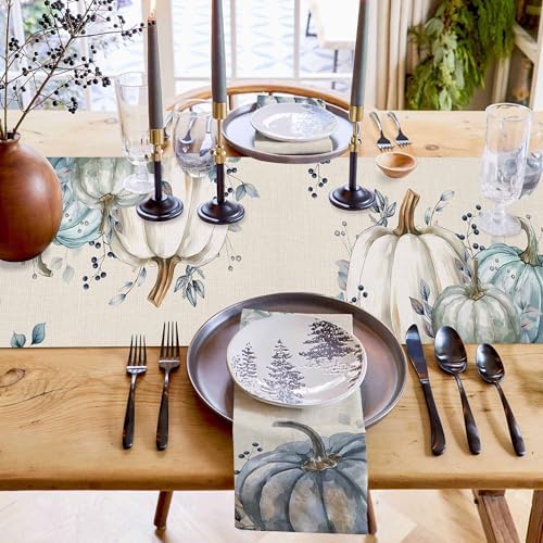 Fall Pumpkin Table Runner Dresser Scarf 13 x 48 Inch White Blue Leaves Rustic Table Runners Non-Slip Heat Resistant Kitchen Dining Table Decor for Autumn Thanksgiving Holidays Indoor Outdoor