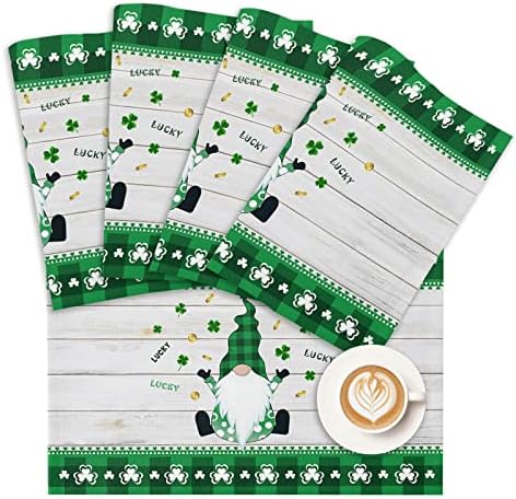 St. Patrick's Day Gnomes Clover Placemats Set of 4,Irish Green Buffalo Check Plaid Clover Cotton Linen Heat Resistant Table Mats Washable Spring Holidays Decorations For Kitchen Dining Table