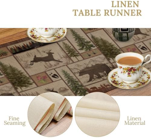 Rustic Moose Deer Bear Table Runner, Retro Vintage Bear Cottage Country Style Cabin Farmhouse Dinner Runner for Home Kitchen Dining Table Decoration 13x36inch