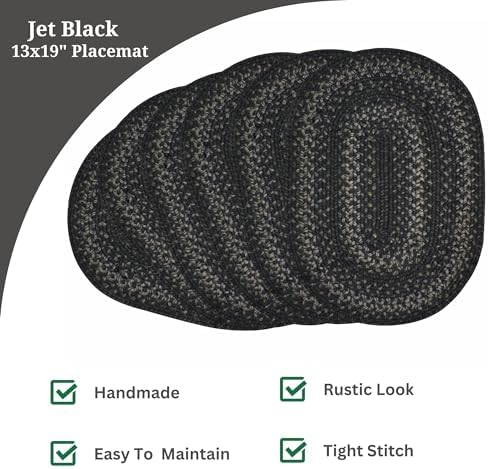 Homespice Jet Black Jute Braided Placemats, Oval 13x19 Set of 6