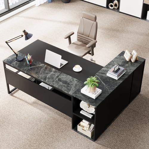 Tribesigns 71 inch Executive Desk, L Shaped Desk with Cabinet Storage, Executive Office Desk with Shelves, Business Furniture Set Workstation for Home Office, Black