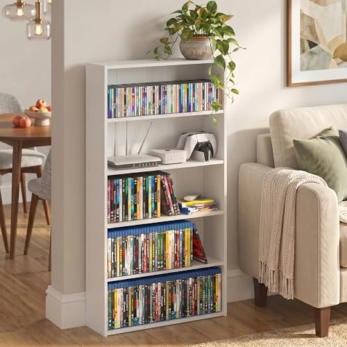 Furinno Basic DVD Shelf, 5-Tier CD Rack, Cube Storage, White | 7 x 24 x 44, Open Shelf for DVD Blueray Game Disc, Organizer Media Shelf, for Living Room, Bedroom, Home Office