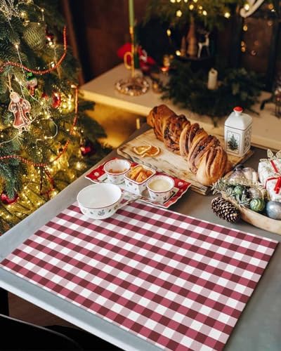 Christmas Placemat 1PC, Rustic Burgundy White Buffalo Check Plaid Pattern Heat Resistant Washable Table Place Mats Farmhouse Cotton Table Linens Party Holiday Decor for Kitchen Dining Outdoor Indoor