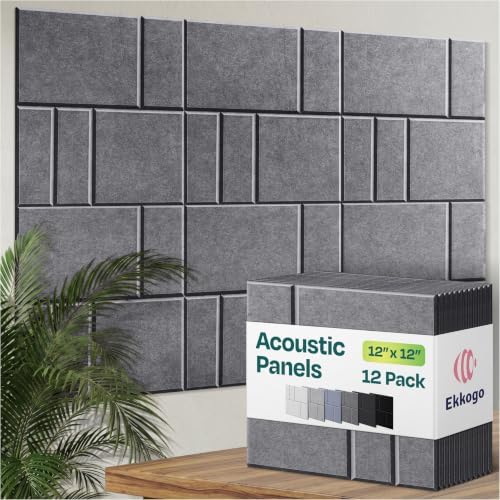 Acoustic Panels 12-Pack Soundproof Wall Panels 12"x12"x0.4" Decorative Sound Dampening for Your Home, Office, Studio, Bedroom & More with Unique GridFrame Carving [Pebble Gray]