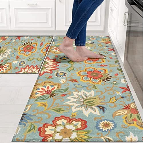 Colorful Floral Kitchen Rug for Floor 2 Piece Sets, Boho Floor Mat for Kitchen in Front of Sink for Standing for Kitchen Decor 17"X30"+17"X47"