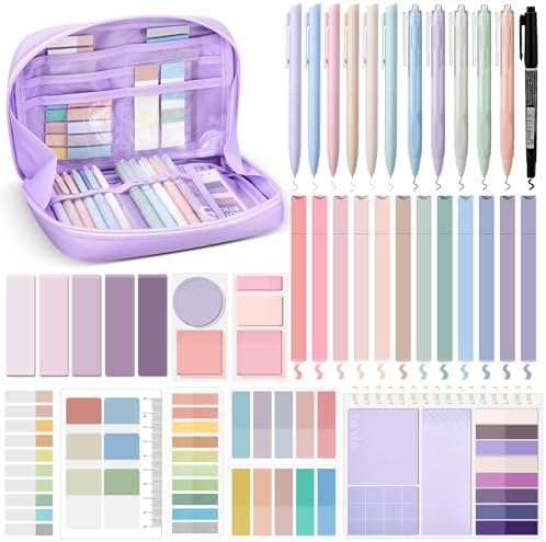 Jutom 41 Pcs Aesthetic Book Annotation Kit with Pencil Bag Bible Journaling Kit Notebook Sticky Note Tab Highlighter Black Ink Pen Page Marker School Office Supplies Bible Lover Gift(Purple)