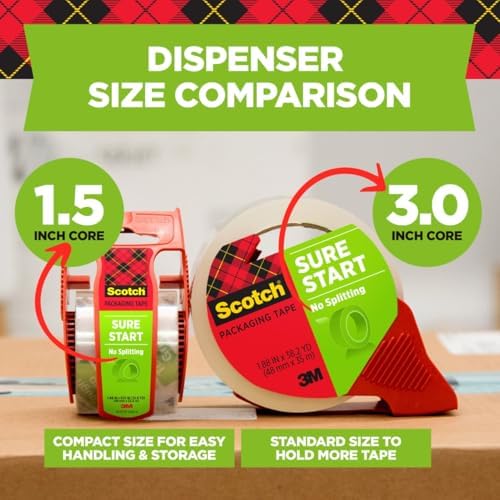 Scotch Sure Start Shipping Packaging Tape, 1.88" x 54.6 yd, Designed for Packing, Shipping and Mailing, Quiet Unwind, No Splitting or Tearing, 3" Core, Clear (345),1 Roll (Pack of 12)