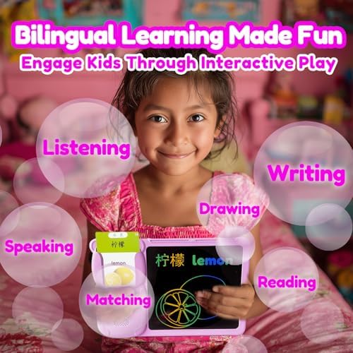 Writing Tablet with Bilingual Flash Cards for Kids, Chinese Pink
