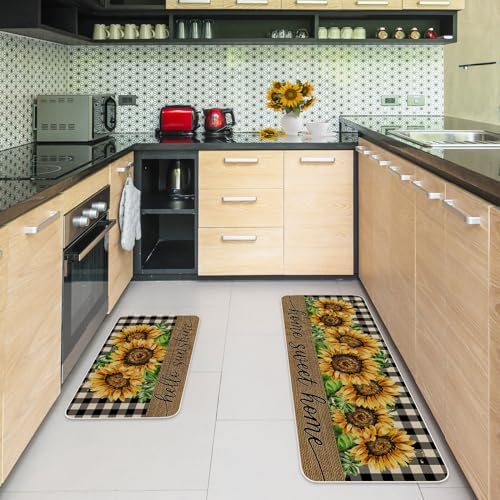 JarThenaAMCS Summer Kitchen Mats Set of 2, Sunflower Plaids Kitchen Floor Mat Non-Slip Decorative Bathroom Rugs for Indoor Outdoor Home Office Decor, 17 x 29 Inch & 17 x 47 Inch