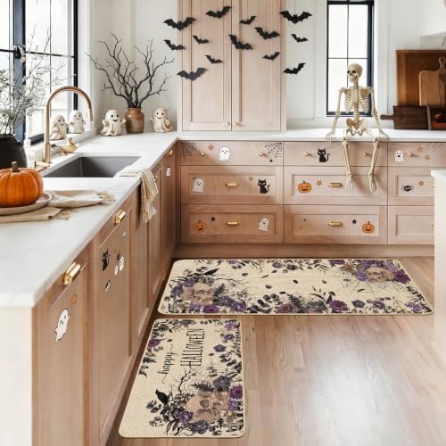 Baccessor Halloween Kitchen Mats Set of 2, Skull Gothic Purple Floral Kitchen Rugs for Floor Low-Profile Farmhouse Fall Halloween Party Home Decor 17x29 and 17x47 Inch