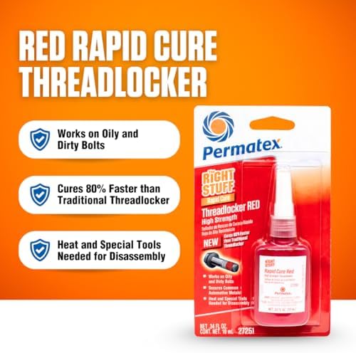 Permatex The Right Stuff Rapid Cure Red Threadlocker 27251, Works on Oily & Dirty Fasteners, Automotive, Industrial & Hardware Use, Sets in 15m Cures in 4h, 10 ml