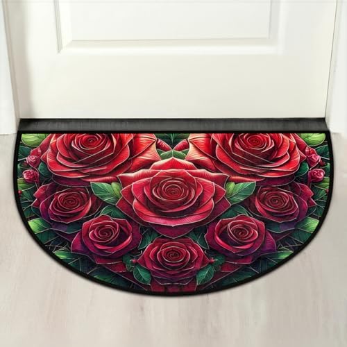 Valentine Rose Flower Half Round Door Mat Non Slip Washable Semi Circle Area Rug Absorbent Soft Half Moon Rug Floor Mat for Indoor Outdoor Kitchen Bathroom Patio Front Door Mat Decor