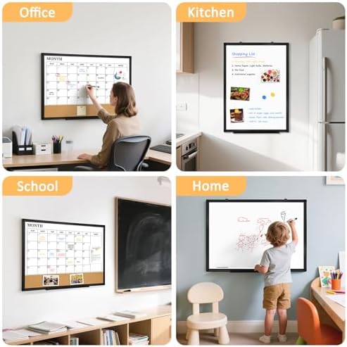 Monthly Dry Erase Calendar Whiteboard with Corkboard, 24" x 18", Black