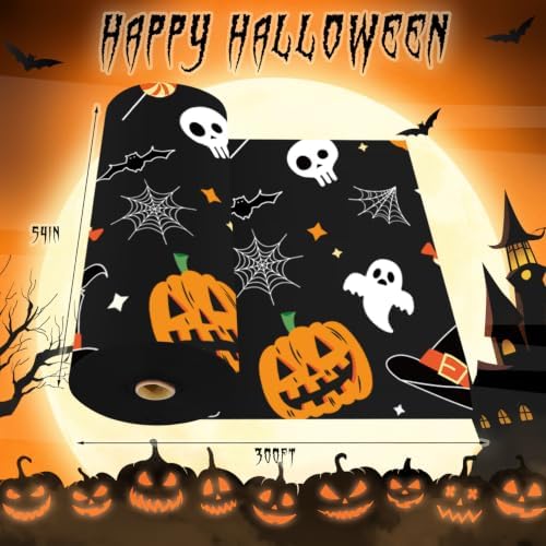 CXPSINC 54 Inch X 300 Feet Plastic Table Cover Roll Disposable Halloween Tablecloth with Slide Cutter Pumpkin Ghost Plistic Table Covers for Halloween Party Decorations(Pumpkin Ghost, 300 Feet)