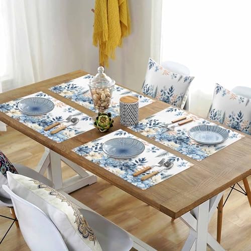 Blue Christmas Poinsettia Placemat 1PC, Winter Eucalyptus Leaves Heat Resistant Washable Table Place Mats Cotton Table Linens Party Holiday Decor for Kitchen Dining Outdoor Indoor