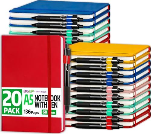 20 Pack Lined Journal Notebook with Pen, A5 Hardcover Leather Journal 5.5"*8.3", 5 Colors 136 Pages College Ruled Notebooks and Pen Set for Office School Business Supplies