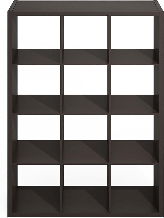 Furinno Simple 12-Cube Storage Organizer, Extra Thick Frame, Black Oak | Vertical/Horizontal, Open Back, Display Shelf, Shelving Unit, Storage Shelves, for Organization, Living Room, Home Office