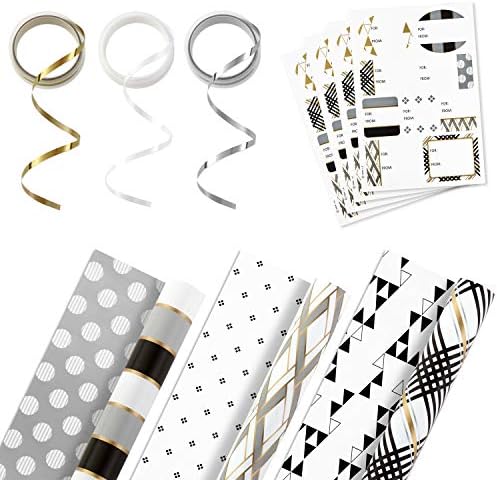 Hallmark Reversible Wrapping Paper Bundle with Ribbon & Gift Tag Stickers - Black, Gold Stripes, Plaid (3 Pack, 120 sq. ft. TTL, 30 Yds. Mini Ribbon, 36 Labels) for Graduations, Weddings, Christmas
