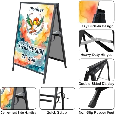 Pionites Heavy Duty Slide-in Folding A Frame Sign Sidewalk Sign 24x 36 Inch Steel Metal Double-Side Pavement sign Corrugated Plastic Poster (1, Black, 24''X36''(Frame Only))
