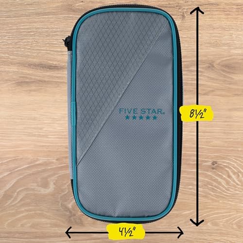 Five Star Pencil Pouch Zipper High-Capacity Storage Organizer Case for Office Supplies Earbuds Chargers Cables Makeup, Grey/Teal (500212B)