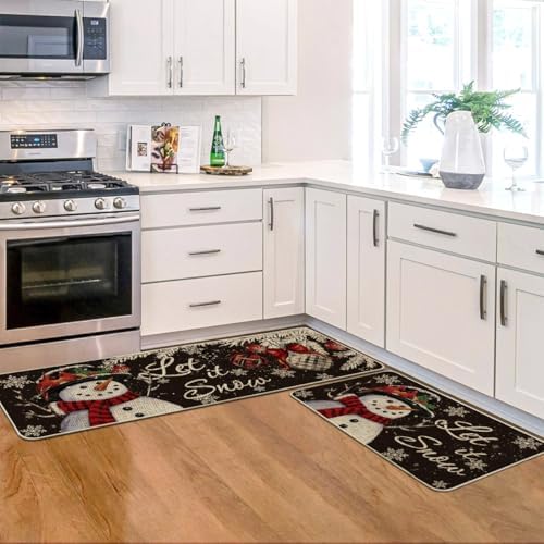 Artoid Mode Black Snowman Let It Snow Snowflake Christmas Kitchen Mats Set of 2, Winter Home Decor Low-Profile Kitchen Rugs for Floor - 17x29 and 17x47 Inch