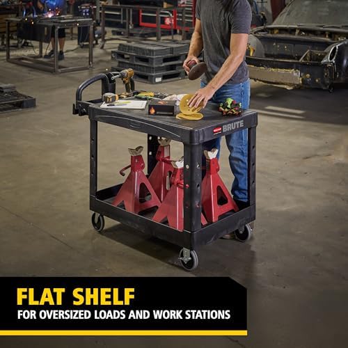 Rubbermaid Commercial Products 2-Shelf Utility/Service Cart, Medium, Flat Shelves, Ergonomic Handle, 500 lbs. Capacity, Ideal for Warehouse/Garage/Cleaning/Manufacturing