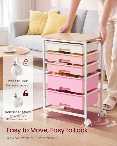VASAGLE Rolling Cart with Drawers,5 Drawers Storage Cart, Pink